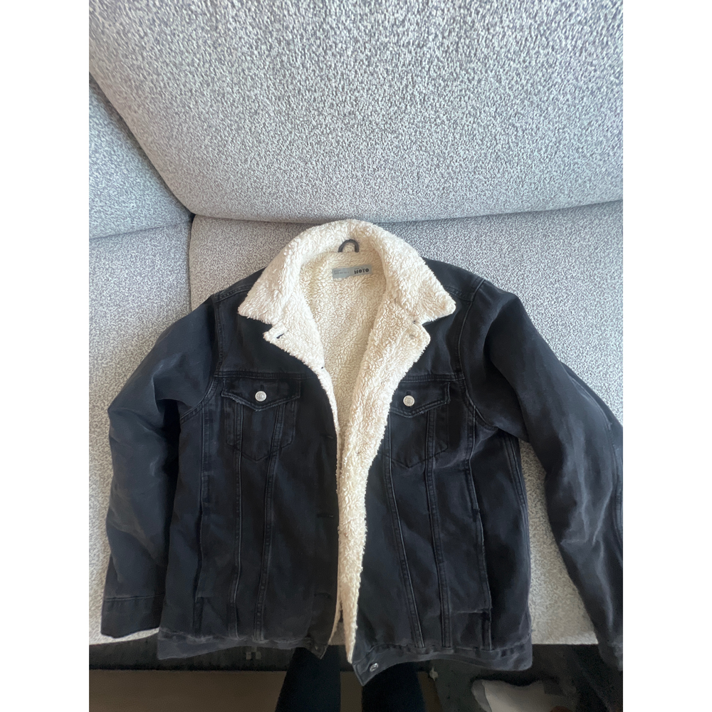 Topshop Sherpa lined black denim jacket in TALL